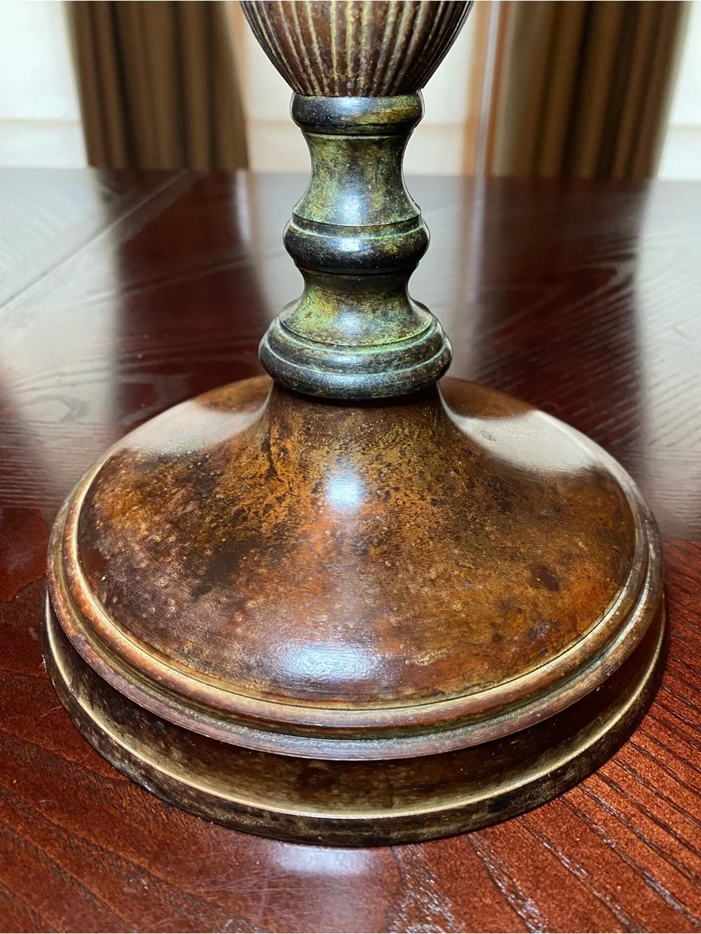 Decorative 20.5 inch painted metal candlestick with lWood-Tone and patina finish